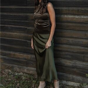 Elegant Olive Green Satin Skirt